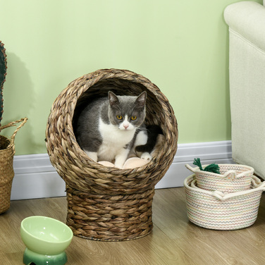 PawHut Ротанг Кошик для кішок Cuddly Cat Cave з подушкою, ліжко для вихованця з водяного гіацинта темно-коричневий 42x33x52см для розслаблених котів
