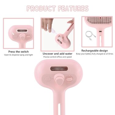 3-в-1 Парова щітка для котів та собак - видалення шерсті, гребінець з функцією швидкого вивільнення & водяний спрей, щітка для боротьби з випаданням шерсті, для довгої та короткої шерсті (Рожевий)