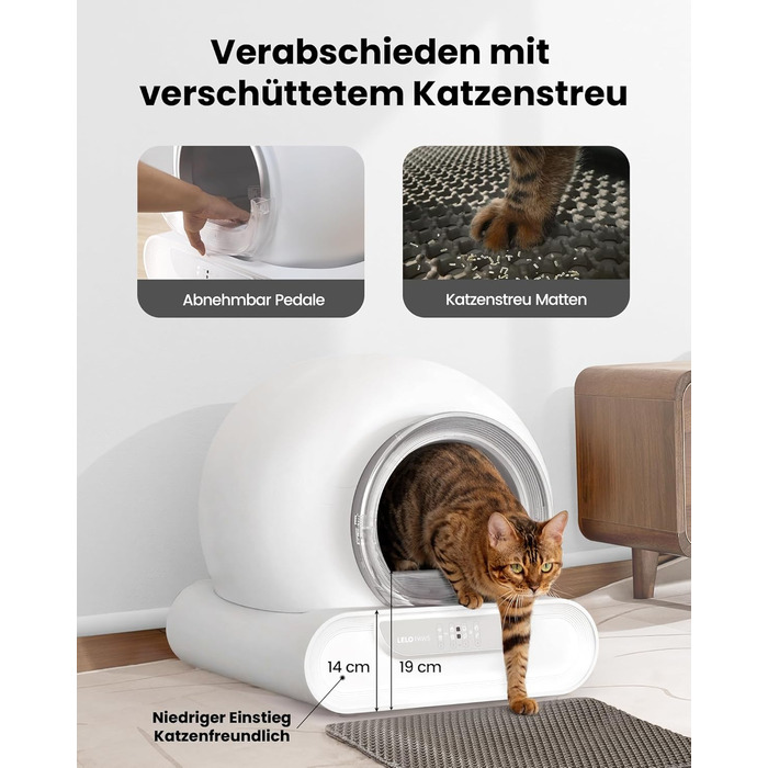 Автоматичний лоток для котів LELO PAWS, 65л, самоочищення, з контролем запаху, керування через APP, електричний, XXL, для кількох котів, білий