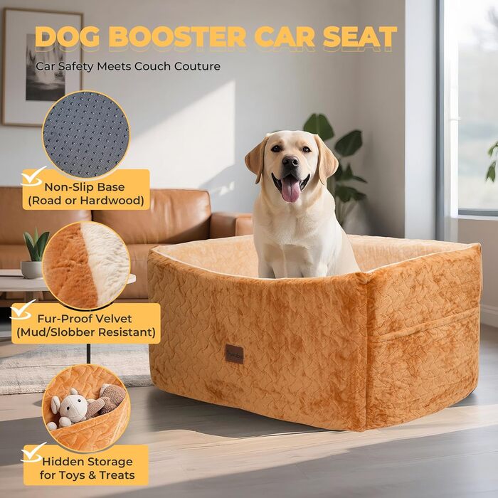 Автокрісло для собак великих та середніх порід до 27,2 кг - З піднятою передньою частиною 35,6 см, подушка з Memory Foam, знімний, миючий чохол, коричневе