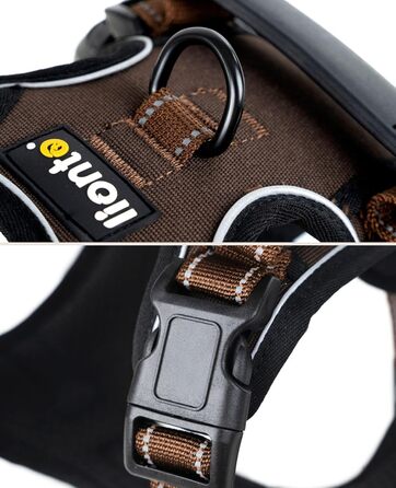 Шлейка для собак Ionto з відбиваючим матеріалом, м'яка, розмір M, коричнева, з двома кільцями та 4 ременями, з фіксаторами та гумовим ручним захопленням