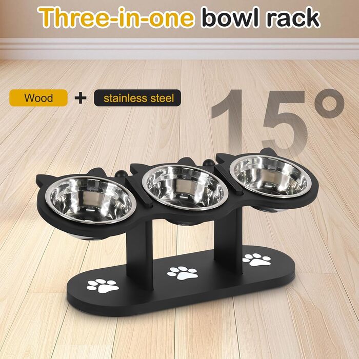 Набір мисок для котів 3 в 1: годівниця, поїлка, підставка. З нержавіючої сталі, з дерев'яною підставкою. Підходить для котів та маленьких собак.
