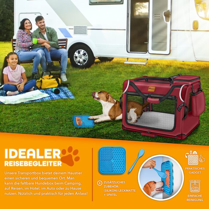 Трейвел-бокс для собак та котів TRESKO® S 50x34x34cm | Розкладний, з підкладкою, лопаткою та світловідбивачами | Для маленьких та великих собак | Червоний