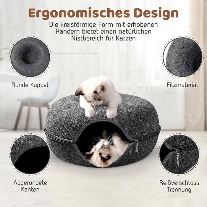 Лежак-донат PAWSAGE XXL для котів, 60x60x28 см, темно-сірий, м'який антистресовий тунель-будиночок для котів, флісовий затишний кошик