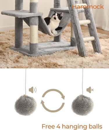 Котячий дряпак FourFurPets 160 см, з платформами, будиночками, кошиками, гамаком і іграшками, світло-сірий