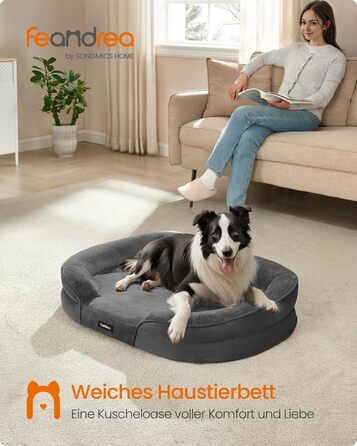 Ліжко для собак Feandrea, ортопедичне, середнього розміру, 76x51x18 см, водовідштовхувальне, знімний чохол, антиковзаюче покриття, сірий колір
