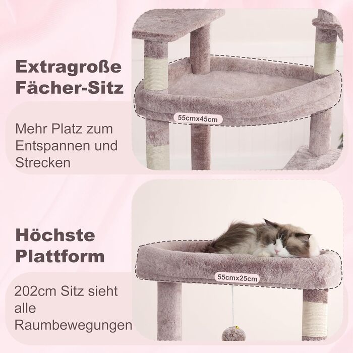 Дряпак для котів Heybly HCT038W (коричнево-бежевий): великий, 202 см, з платформами, печерею, гамаком та сизалевим стовпом