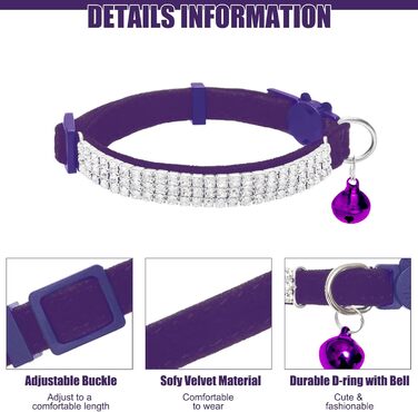 Нашийник для котів ExPawlorer з дзвіночком та стразами, м'який оксамит, безпечний, регульований, для котів та маленьких собак, 2 шт. (чорний та фіолетовий), 9'-12'