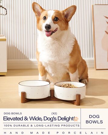 Набір мисок для собак Getstar з кераміки на підставці з акації, 887 мл, 2 шт, з кольоровим обідком