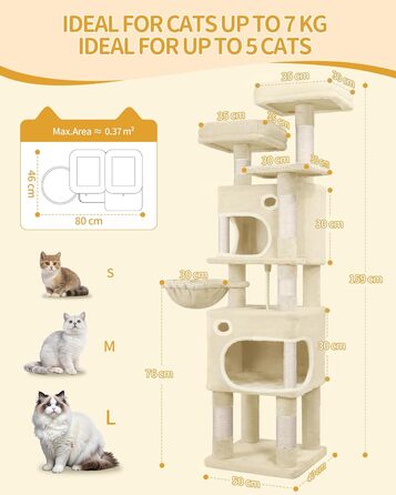 Драбина-кіготь для котів Hzuaneri, 159 см, 8 стовпчиків, 3 платформи, 2 печери, кошик, м'ячики, мотузка, підходить для котів різних розмірів, бежевий MS15918YL L (50 x 40 x 159 см)