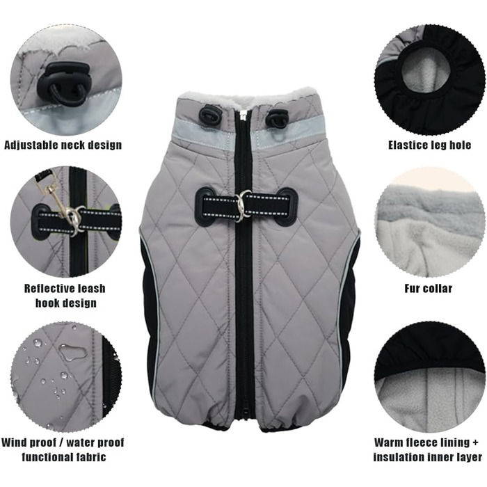 Водонепроникний зимовий одяг для собак Fadcaer: тепла куртка з флісовою підкладкою, світловідбивачі, для холодної погоди, з блискавкою, сірий, розмір Small