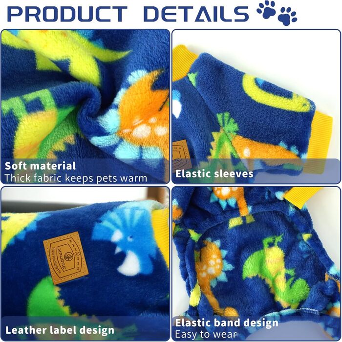 Піжама для собак XPUDAC, фліс, теплий зимовий костюм для собак, дівчаток та хлопчиків, розмір S, блакитний динозавр