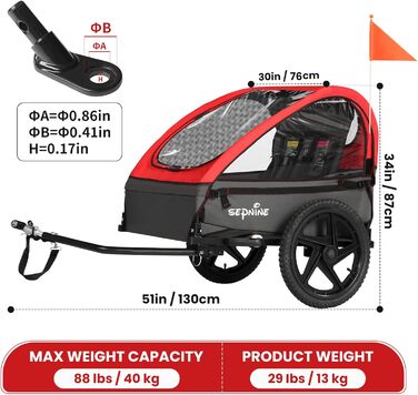 Дитячий велопричіп Sepnine для 1-2 дітей, від 12 місяців, швидко кріпиться, складаний, з 5-точковим ременем та кишеньками для зберігання. BT609-Червоний