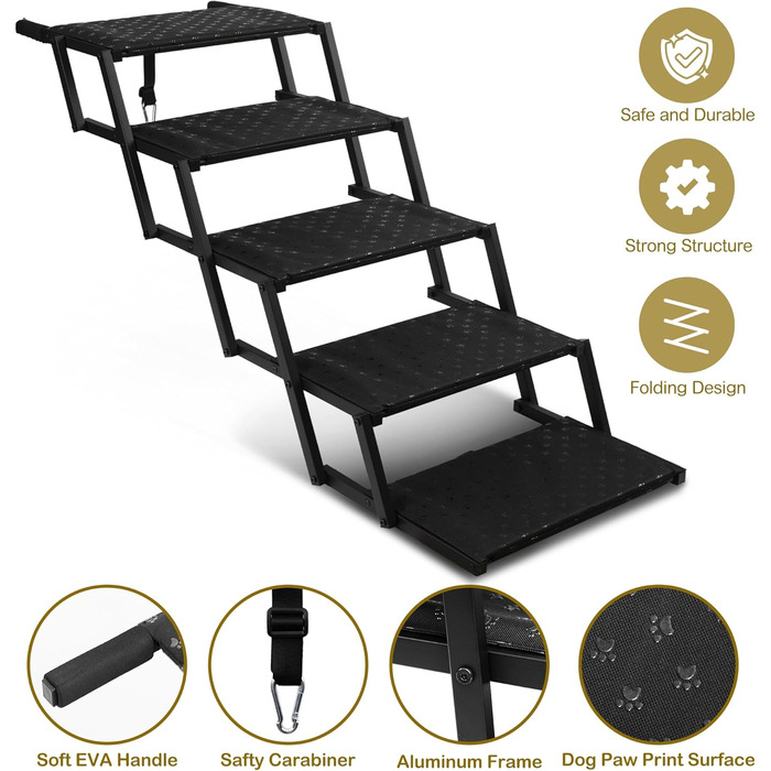 Сходинка для собак у машину - широка, складна, з антиковзким покриттям, для великих собак, підходить для авто, SUV, вантажівок, витримує до 113 кг (ширина 5 сходинок)