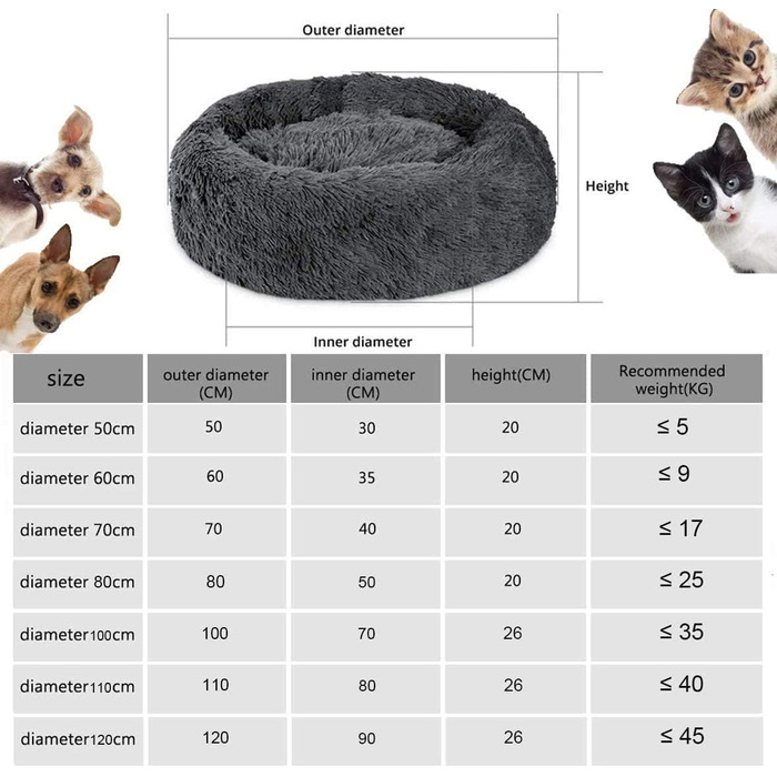 М'яке ліжко для собак Haoye, кругла подушка для домашніх тварин, ліжко-донат для котів та собак, миється, зручне ліжко для котів та собак (діаметр 50-120см / 7 розмірів), діаметр 70см (Чорний, діаметр 50см)