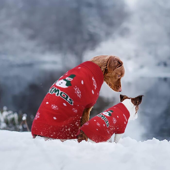 Святковий пуловер для маленьких собак – теплий, м'який, без рукавів, з принтом сніговика, для прогулянок, червоний, розмір M, Getaway Solids