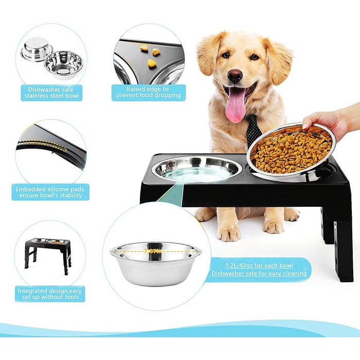 Набір мисок для собак з регульованою висотою, 2 шт. з нержавіючої сталі, для великих, середніх та малих собак