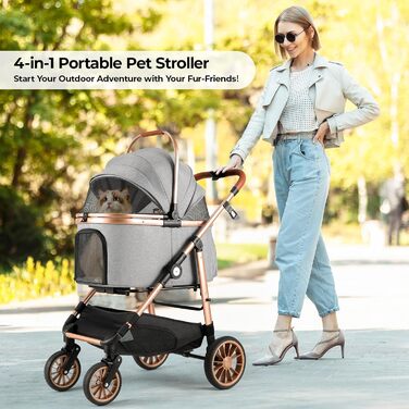 Візок для собак MAMIZO 4-в-1, до 25 кг, з амортизаторами, складний, для котів та собак (сірий)