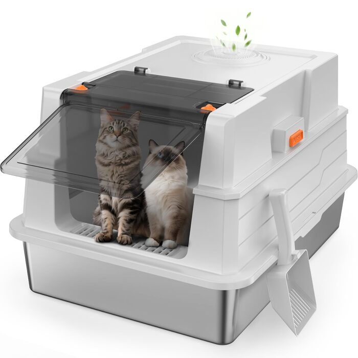 Закритий лоток-туалет для котів з нержавіючої сталі FURTIME XL з кришкою, високими бортами, килимком та контейнером для сміття, сріблястий (70 x 51 x 42 см)