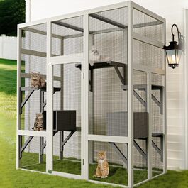 Вуличний вольєр для котів Catio з водонепроникним дахом, 5 платформами та 2 будиночками, сірий, 160 x 82 x 178 см