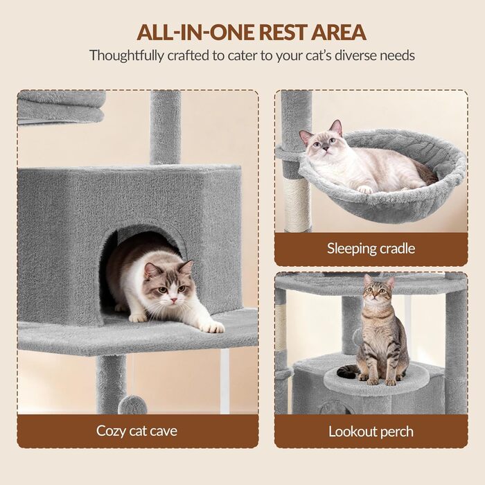 Дерево для котів Kratzbaum Groß 216 см, XXL, з 2 затишними будиночками, 2 платформами, 2 кошиками, гамаком, сірий, для дому