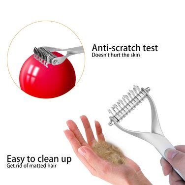 Інструмент для догляду за шерстю: двосторонній гребінець для підшерстка, щітка для цуценят та котів, гребінець з гострим лезом для видалення ковтунів та відмерлого хутра (сріблястий)