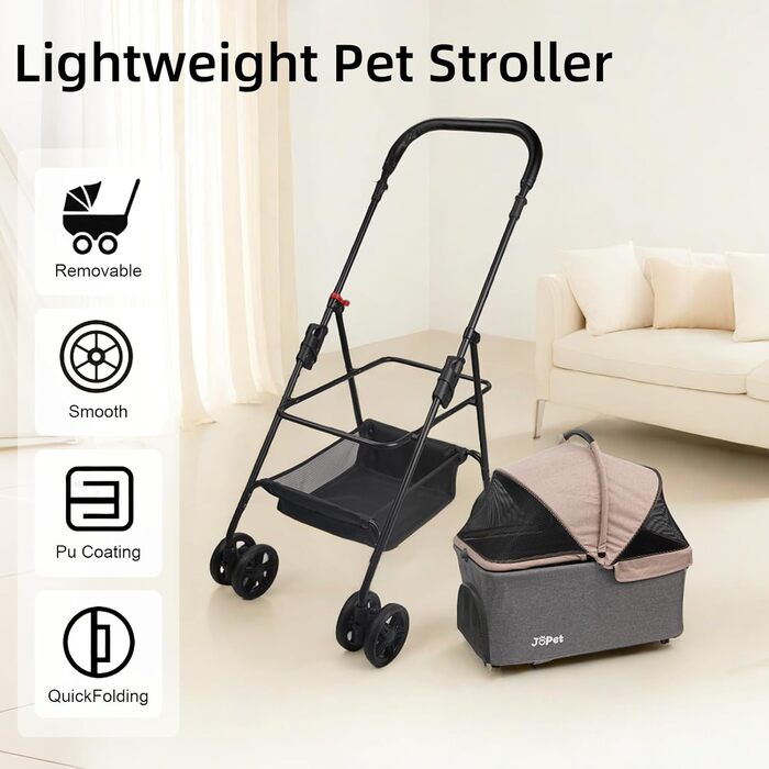 Складаний візок для тварин Tierwagen для собак та котів, легкий та компактний, знімний кошик, темно-персиковий/темно-сірий