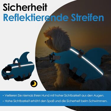 Жилет для плавання для собак AOFITEE з плавниками акули, регульований, з ручкою рятування, світловідбиваючий, синій, для малих та середніх собак