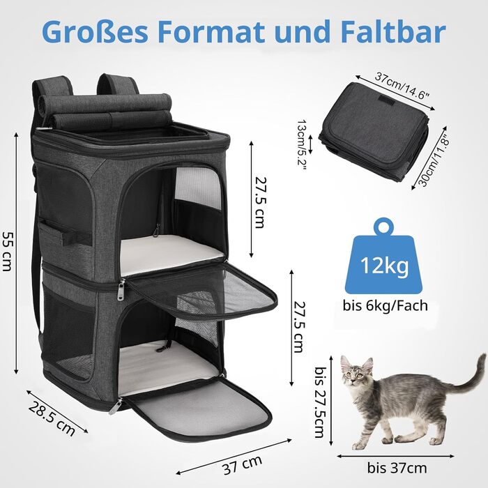 Рюкзак для котів та собак FASRIOU на 2 тварини до 12 кг, чорний, з матом та сіткою