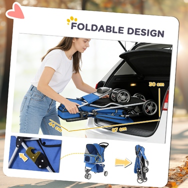 Дитячий візок для собак (buggy), складаний, до 10 кг, з кошиком, подушкою та сітчастими вікнами, для малих порід, 77x44x102 см, синій