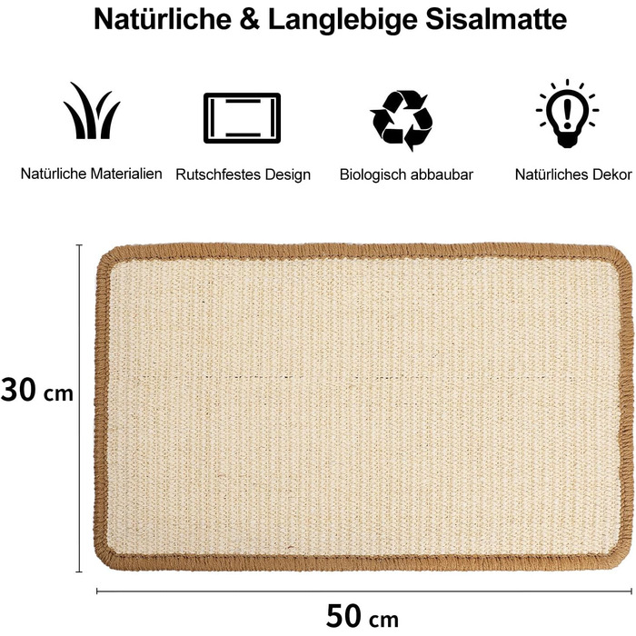 Килимок для котів FUKUMARU з сизалю, 60x40 см, коричневий/бежевий. Міцний килимок-дряпалка для котів.