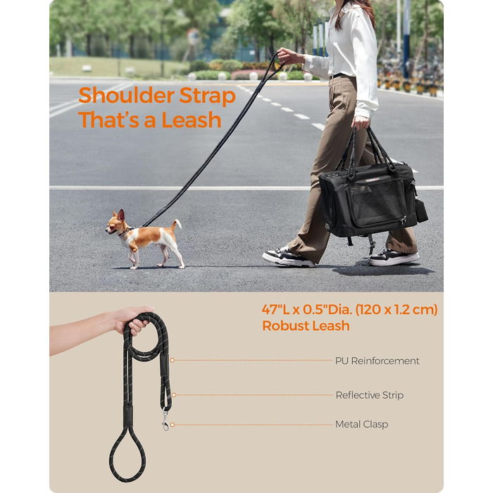 Транспортна сумка Feandrea для собак та котів, складна, чорна, розмір S (до 5,9 кг), з металевим каркасом та повідком