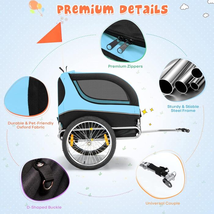 Haustieranhänger GOPLUS для собак та інших тварин: дихаючий, з 3 входами, безпечний, з прапорцем та відбивачами, для середніх собак (блакитний)