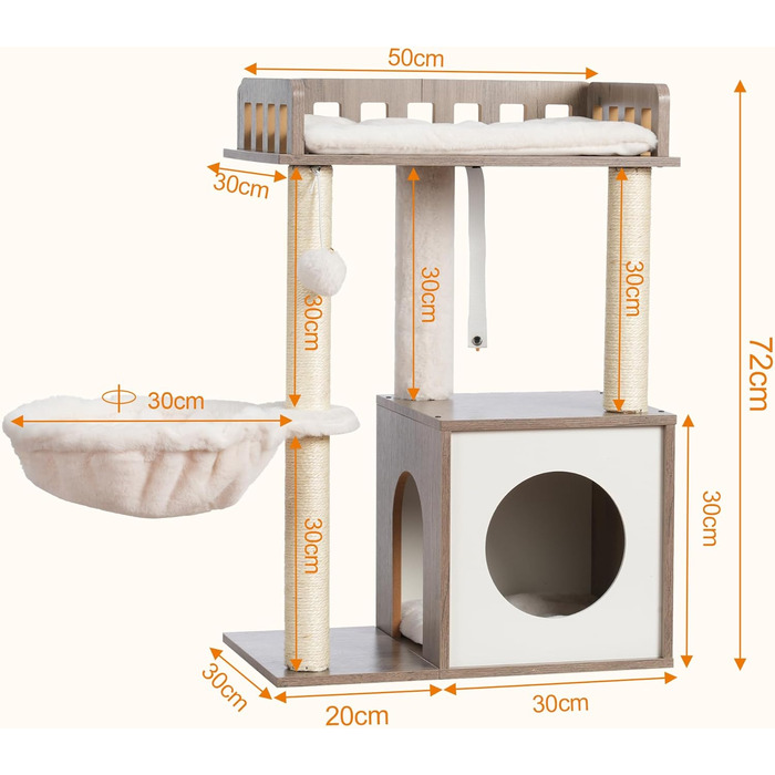 Дряпка для котів Heybly з платформою 30x50 см, когтеточка з будиночком та сизалевими стовпчиками, стабільна та безпечна для кошенят та середніх котів, колір: сіро-коричневий HCT007SSR (Greige)