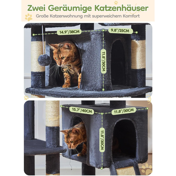 Котячий будиночок Taoqimiao 193 см XXL: великий, стабільний, з 2 будиночками, 7 стовпчиками для дряпання, гамаком та кошиком (MS047G, сірий)