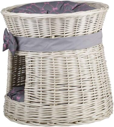 Кругла котяча хатинка e-wicker24 з плетіння, двоярусна, з подушкою та бантиком, котячий будиночок (кремово-сірий)