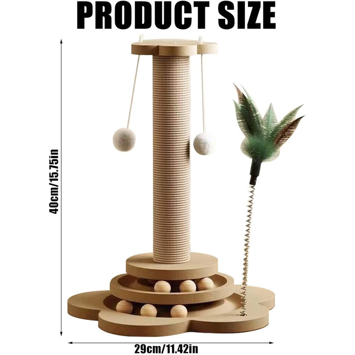 GOMETY Іграшка для котів 4-в-1 з дерева: ролики, обертовий диск, дряпка з сизалю, м'ячики з котячою м'ятою, 40 см