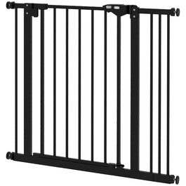 PawHut Door Gate Guard, Шлагбаум, 74-87 см, Сходові ворота для домашньої тварини, Ворота для собаки в т.ч. різні надставки, Захисні ворота без свердління, Метал, Пластик, Чорний | Аосом