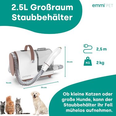 Набір для грумінгу Emmi-pet Grooming Kit Home – 6в1: машинка для стрижки собак, пилосос, тример, гребінець, 6 професійних насадок, 3 рівні всмоктування, догляд за собаками та котами, тихий мотор, контейнер 2.5л