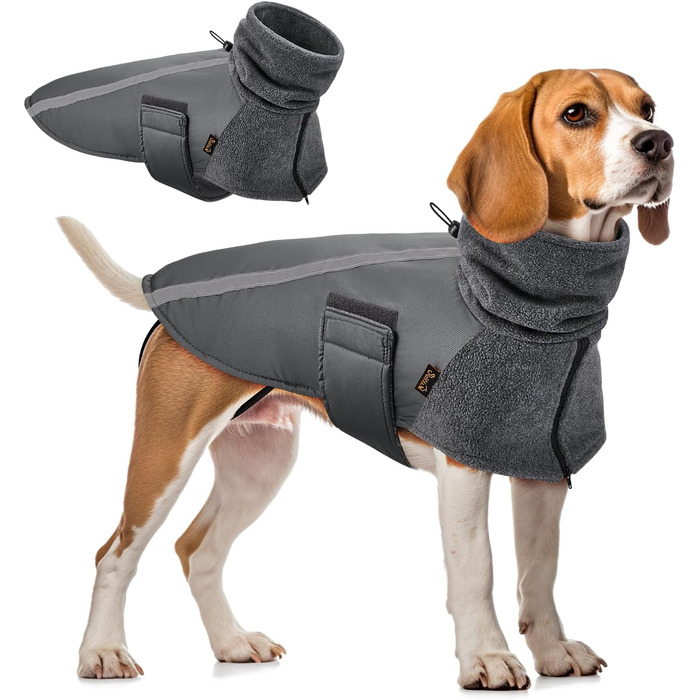 Зимова куртка для собак SlowTon з флісу, з коміром-гетром, світловідбиваючими смугами, регулюванням, водонепроникна та вітронепроникна для цуценят та собак (Сірий, M+)