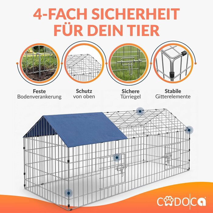 Вольєр для кроликів CADOCA® 180x75x75 см з дахом та захистом від сонця, для саду та дрібних тварин (синій)