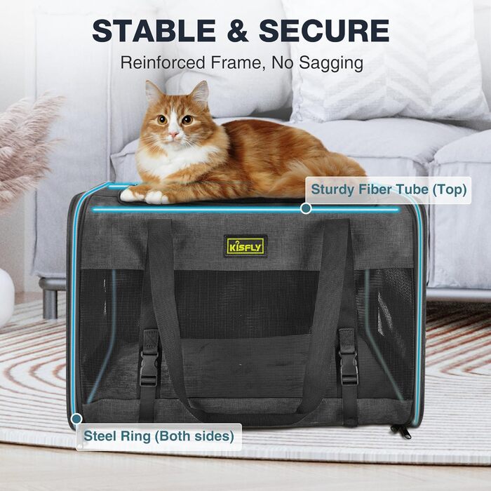 Транспортна переноска для тварин, схвалена TSA, 43.2 x 30 x 24.1 см, м'яка переноска для котів та собак, до 5.4 кг, з туалетом для котів (20x13x13 см), чорна