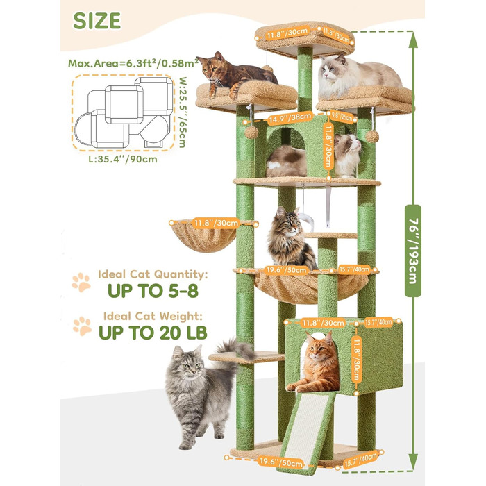 Кігтеточка для котів Taoqimiao 193 см, велика, XXL, з будиночками, гамаком, кошиком та 7 стовпчиками для заточування кігтів, сірий/зелений (MS047G)