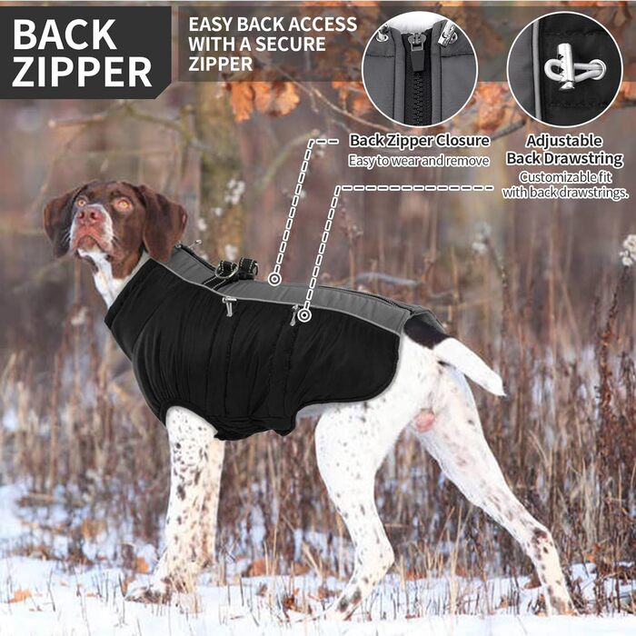 Водонепроникний зимовий одяг для собак, тепла куртка для собак з отвором для шлейки, для малих, середніх та великих собак, з відбиваючими смугами та блискавкою - чорний, XS