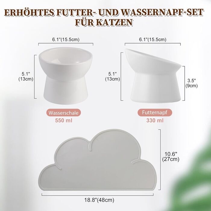 Набір мисок для котів з підняттям, кераміка, 3 шт. з антиковзною підкладкою, великі миски для їжі та води, білий