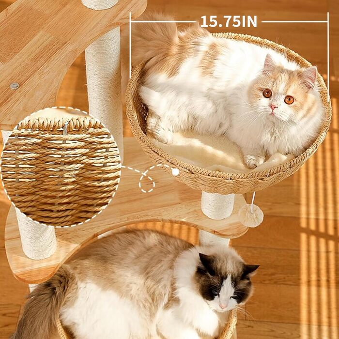 Сучасний котячий будиночок 137,2 см з масиву дуба для кількох великих котів, ручне плетення, розкішний ігровий центр для котів, легке очищення, для дому