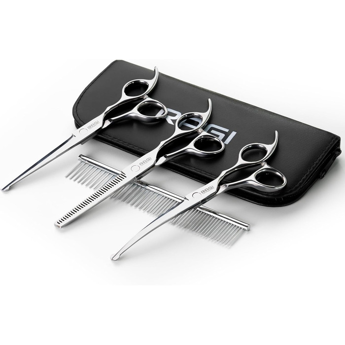 Набір професійних ножиць для собак RAGI: витончені ножиці, ножиці для стрижки лап, етикетка, серветка, ключ для регулювання. Нержавіюча сталь, срібло