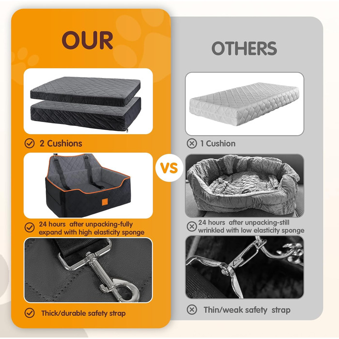 Автокрісло для собак до 25 кг або 2 маленьких собак, з пам'яті ефекту, з підставками для подушок, велике ліжко для тварин на заднє сидіння