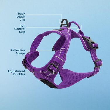 Регульована шлейка для собак Voyager Von Best Pet Supplies з 3M відбивачем, подвійним кріпленням, не тягне, фіолетова