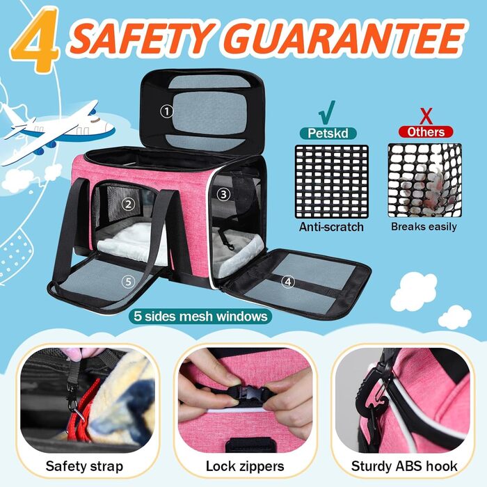 Трансформер-переноска для домашніх тварин Petskd, 45.7 x 33 x 24 см, дозволена Southwest Airlines, для котів та собак, рожевий колір